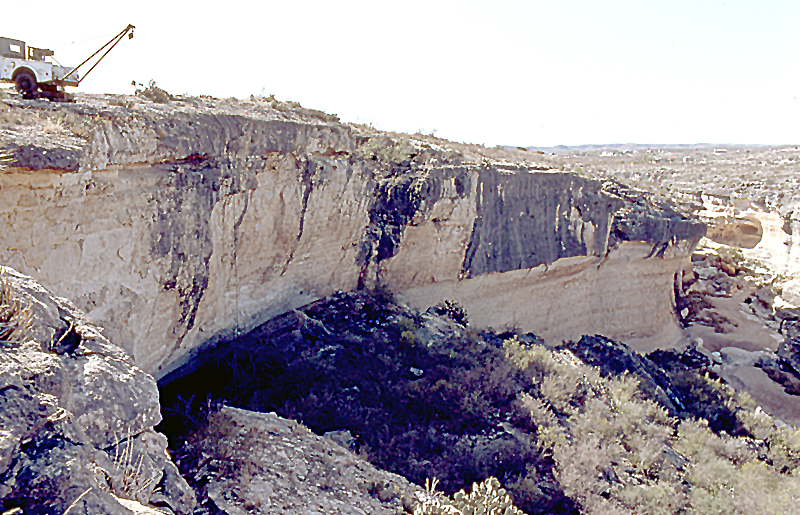 Bonfire Shelter as seen from the cliff on the opposite side of the canyon. The huge rock blocks at the base of the cliff once formed the roof of a truly immense rockshelter, many times larger than the surviving part of Bonfire Shelter. The roof collapse occurred prior to the first known human use of the rockshelter sometime during the Late Pleistocene. Photo by Jack Skiles.