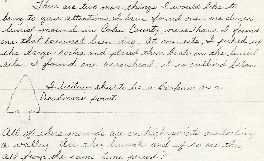 Image of the letter from Coke County landowner to Texas Archeological Research Laboratory regarding the numerous disturbed burial mounds