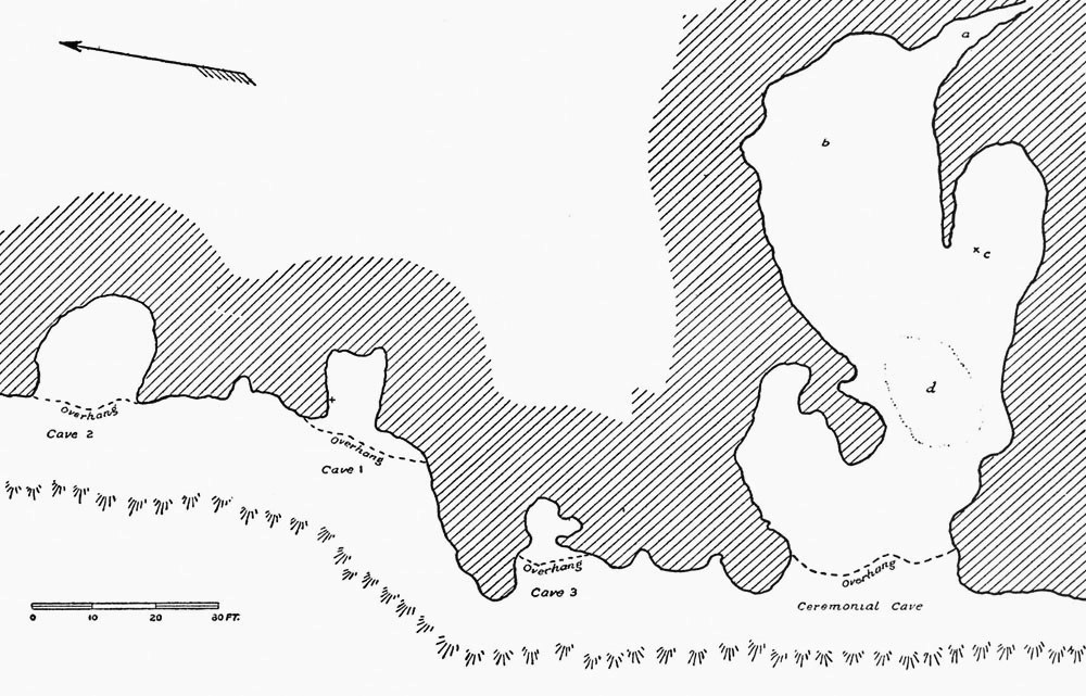 Plan map of Ceremonial Cave and Caves 1-3, as recorded by C. B. Cosgrove in 1928. Cosgrove identified the faintly circled area (d) in Ceremonial Cave as "area of large ceremonial deposit." The small chamber marked as "c"denotes the area of an adult burial. Map from Cosgrove 1947.