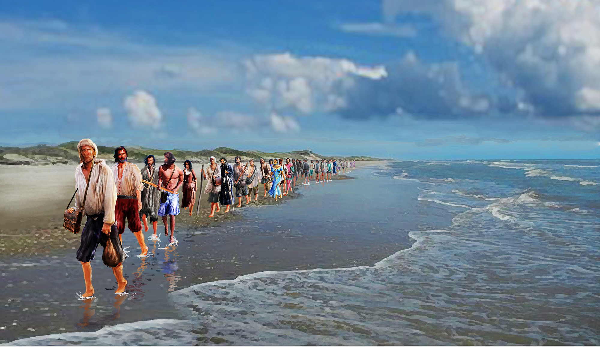 illustration of a line of people walking along the shore