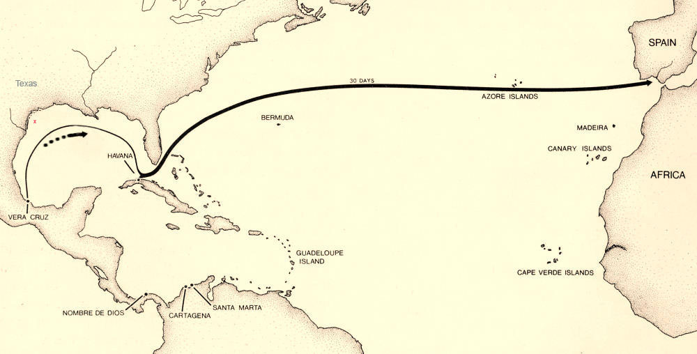 map of gulf coast and southern United States and Caribbean with arrowed line indicating ship route.