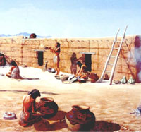 A potter paints designs on a large El Paso Polychrome water jar. The painting was done after the vessel was dried and polished, but before it was fired. Mural by George Nelson, courtesy of the artist and the Institute of Texan Cultures.