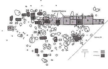 Most of the site maps used in this exhibit have been simplified or altered for emphasis. This map shows the room numbers assigned to both pueblo and pithouse rooms.