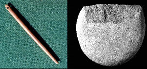 photos of polished bone needle and grinding/chopping tool