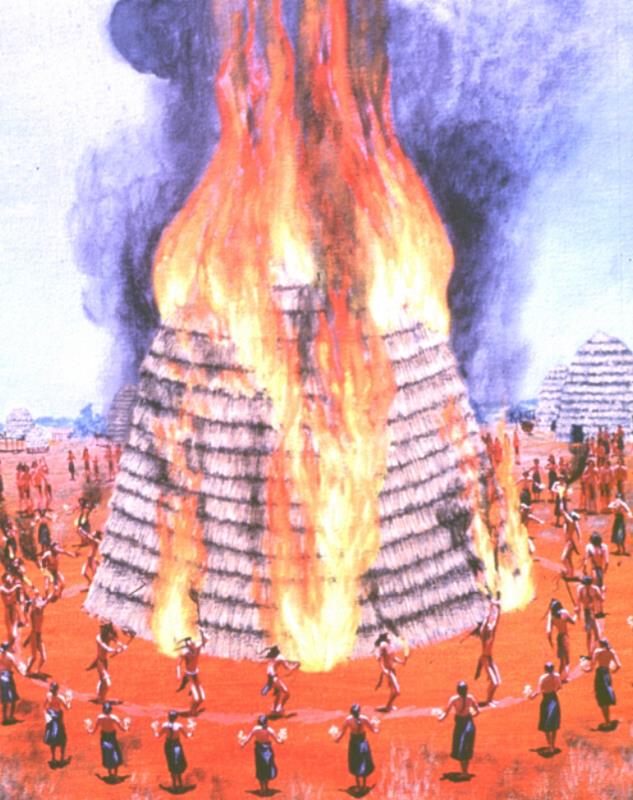 illustration of caddo celebrating as a structure is burning