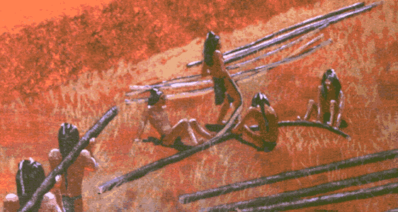 illustration of people from above carrying wood poles with red earth below them