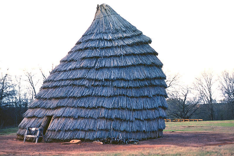 photograph of a grass house with a serious lean to the right