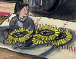 illustration of a girl sitting on the floor with sunflower heads