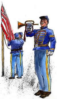 illustrated man playing trumpet while another man raises American flag