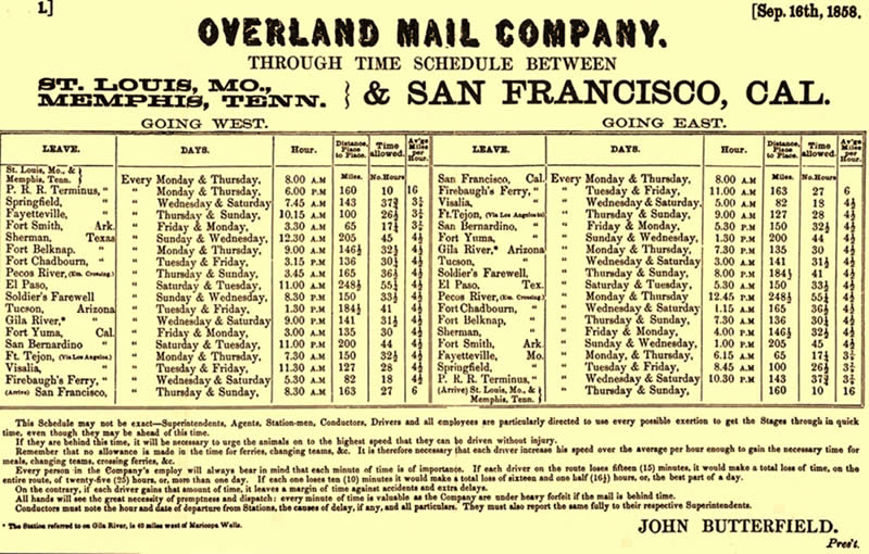 photo of the Butterfield Overland Mail schedule