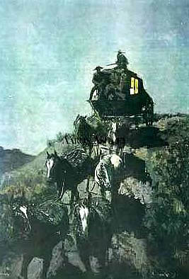 painting of a stagecoach going down a hill