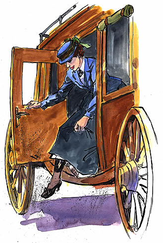 a woman in a blue dress stepping out of a stagecoach