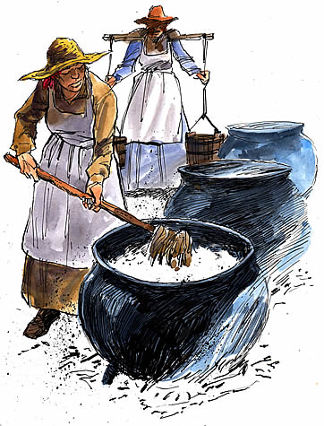 illustrations of two laundresses with pots