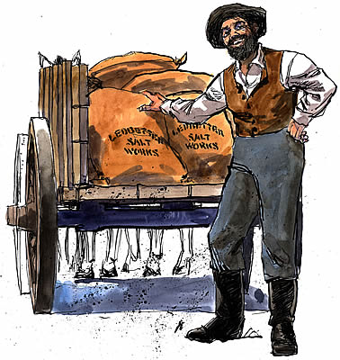 illustration of man with a wagon filled with sacks of salt