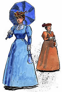 illustration of a woman in a blue dress with a parasol and a woman in a brown dress behind her