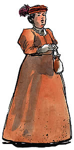 illustration of a woman in a brown dress with a hat