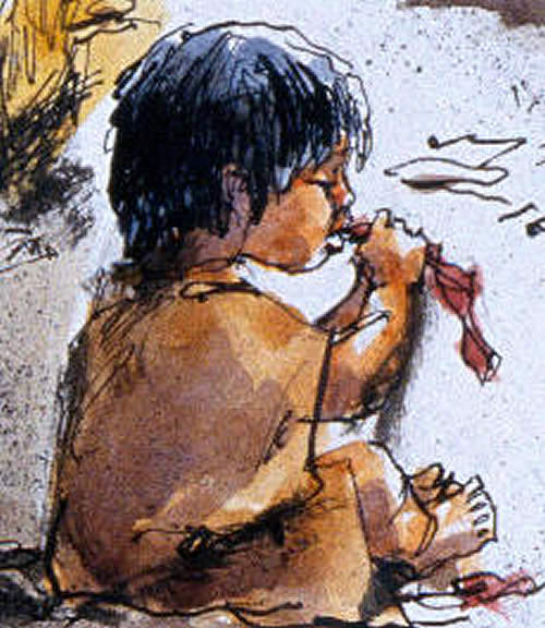 illustration of a child eating a strip of meat