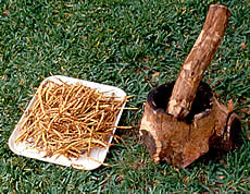 wooden mortar and pestle and a dish of mesquite beans