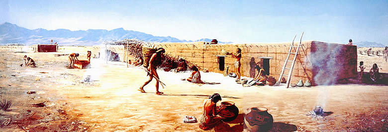 illustration of a long rectangular adobe building