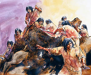 painting of people butchering on a mound of buffalo