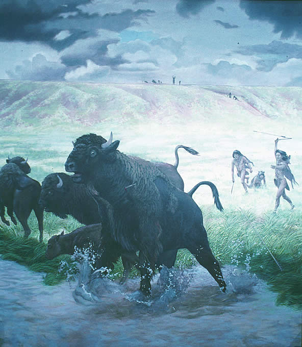 painting of elephants being chased by people with atlatls