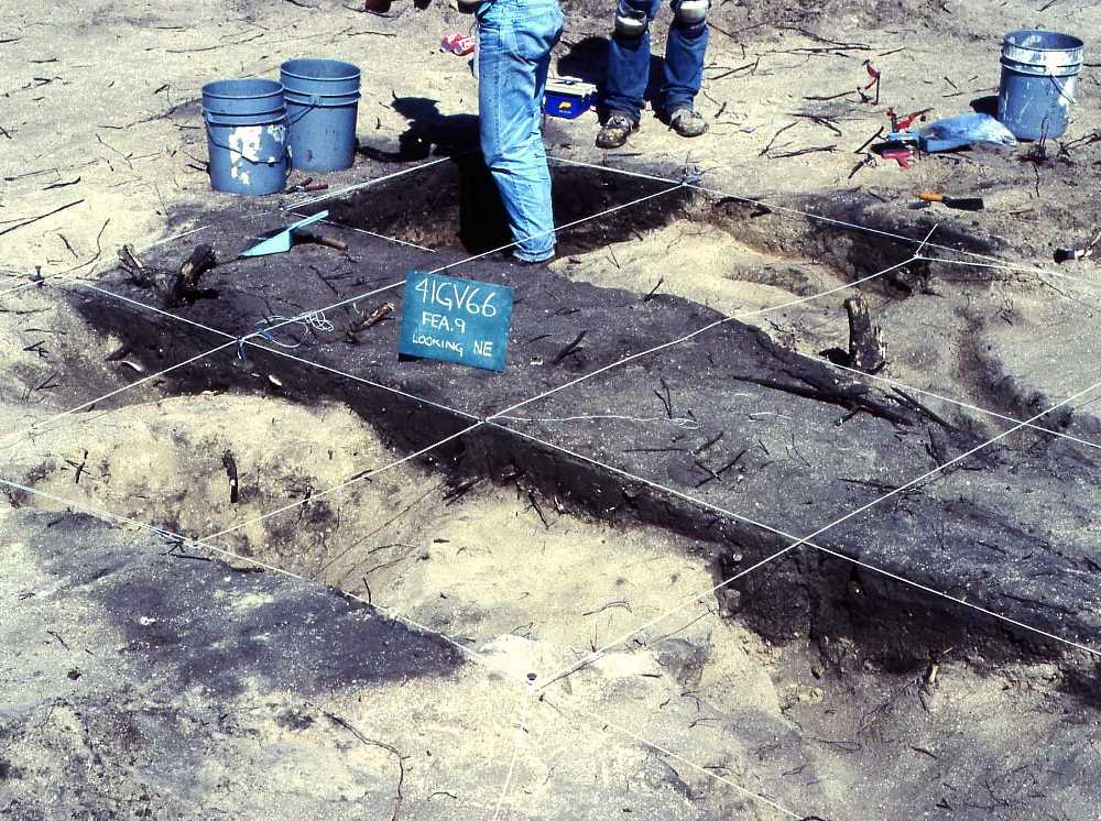 Image of archeologists excavates a complex of overlapping pits uncovered in Area 3.