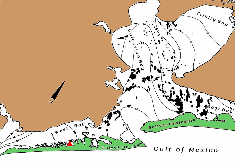 Image of the locations of oyster reefs in the Galveston Bay area.