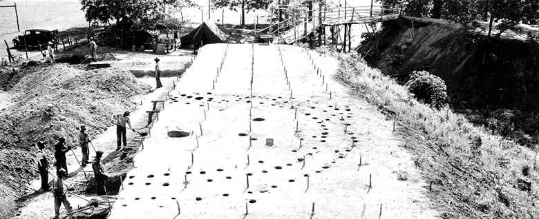 Workers from the University of Texas-WPA project uncovering structural remains on mound platform at the Hatchel site. Photo from TARL archives.