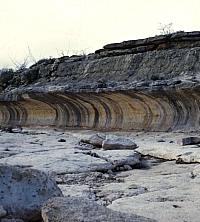 Vaquero Alcove is known for its Historic style pictographs depicting a Christian church and a man dressed in European-style clothing. These were painted on the curving canyon wall protected only by shallow overhang. Being near the canyon bottom, the rock art panel is periodically covered by flash floods. Photo from ANRA-NPS Archives at TARL.