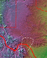 The approximate boundaries of the Lower Pecos archeological region are show in white on this shaded relief map. Its southern extent is unknown but believed to lie in the Burro Mountains of northern Coahuila. Base map from the Perry-Castañeda Library Map Collection.