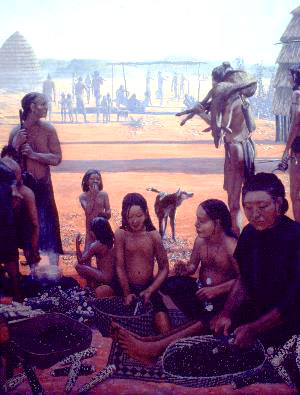 Artist’s reconstruction of a Caddo village scene.