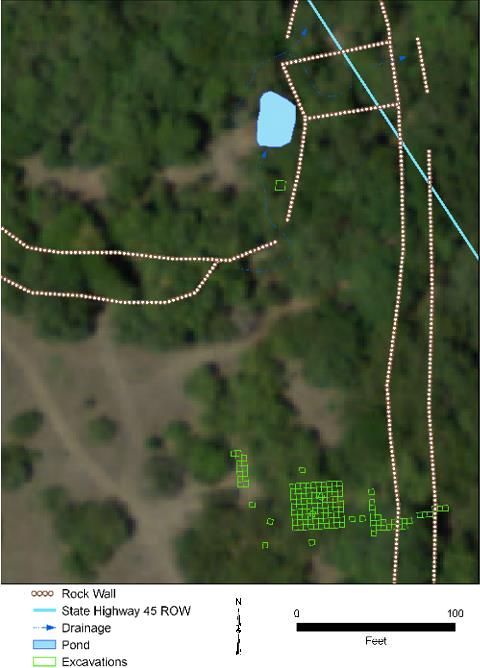 Aeriel photo depicting excavation grid and other features