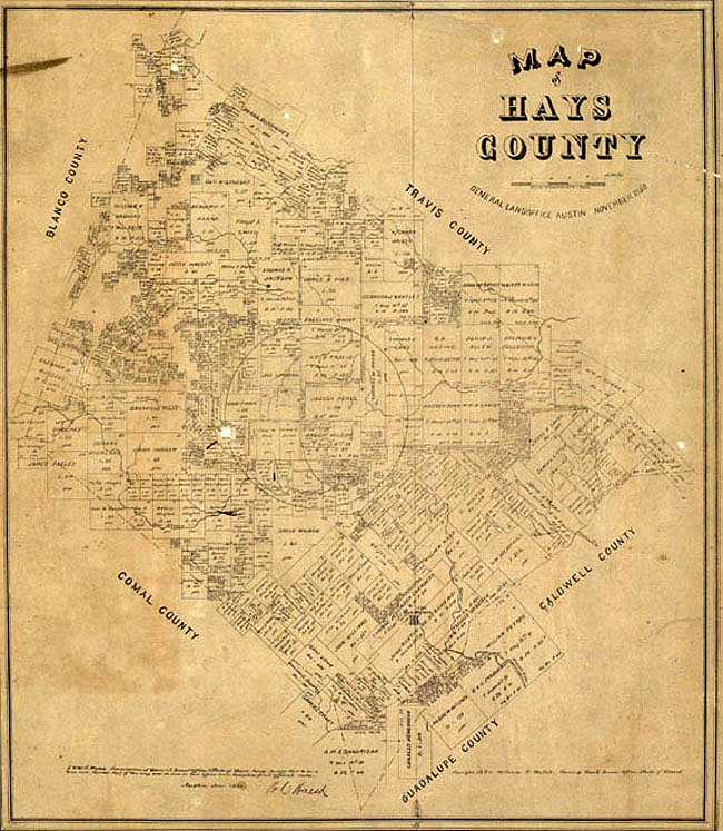 sepia colored map of Hays County