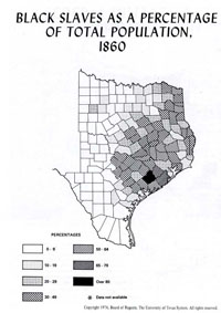 Map of black slave as a percentage of total 1860 population by county