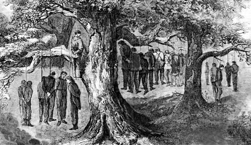 black and white illustration of dozens of people hanging fron nooses in trees