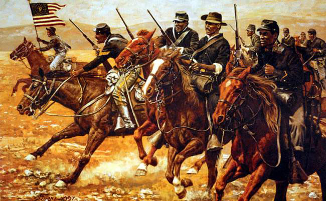 painting of African American soldiers on horseback riding into action
						