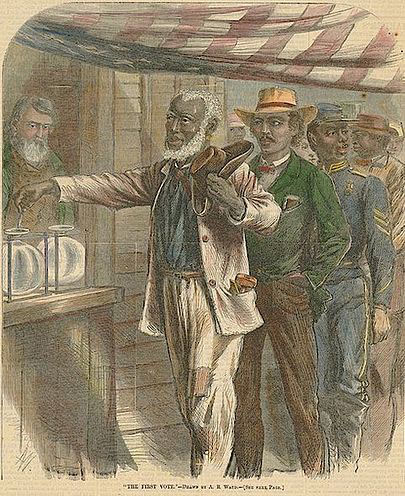 illustration of African American men waiting in line to vote
						