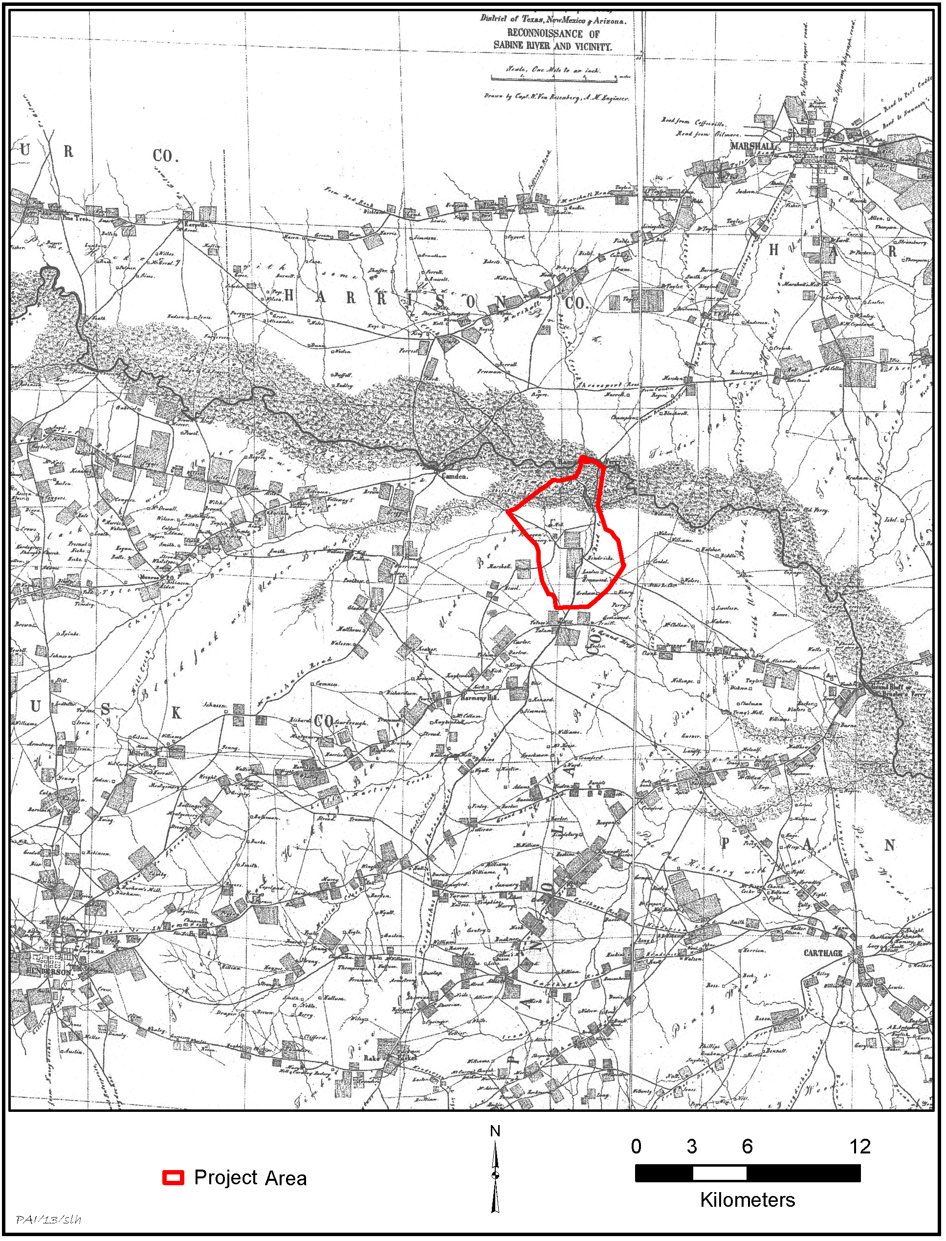 A black and white map from 1863 showing the locations of important natural features and land ownership, such as the Sabine River and towns. This map also shows the study area boundary in red.