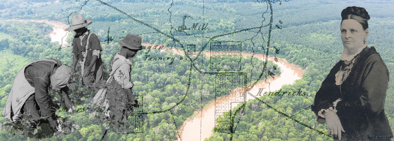 collage of a photo of a high-status 19th century Euro-American woman, three African American workers, and a historic map overlaying a color photograph of the Sabine River.