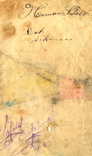 The signature page of the ledger book shows the name “Herman Schild, Oak, Arkansas”, in black, and three additional names below: “Schild, Fredericksburg, Texas”; “K. Flemons”, and “Sandy”, in purple pencil