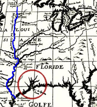 French map showing the charted coarse of the Mississippi River