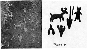 photo of petroglyphs of a hunting scene inset with Sutherland and Steed's sketch