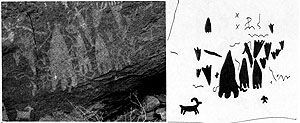 photo of petroglyphs of a hunting scene inset with Sutherland and Steed's sketch