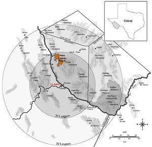 illustration of foraging radii away from the La Junta, according to the Ydoiaga account of 1747